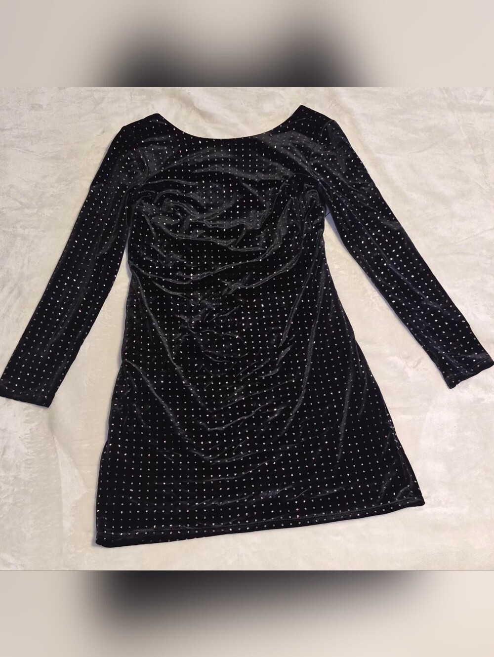 EXPRESS Black Velvet Studded Ruched Long Sleeve Bodycon Mini Dress M
